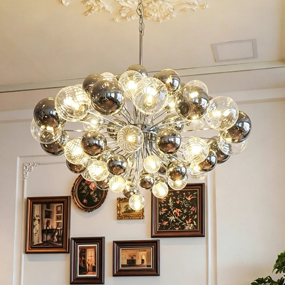 Suspension lumineuse moderne verre noir blanc gris billes translucides chaîne métallique