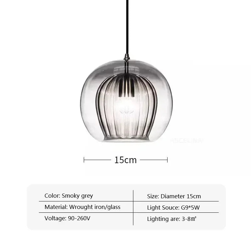 suspension lumineuse moderne cognac clair gris transparent rayures verticales ampoule g9 5w chaîne métallique