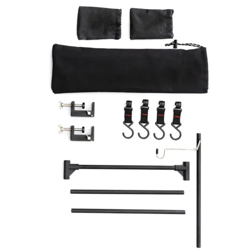 support rangement camping aluminium noir boite vaisselle pique nique suspendu lampe théière