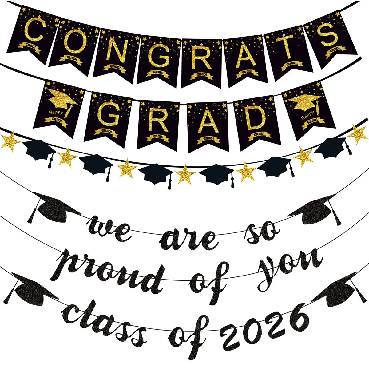 guirlande décoration graduation diplômes chapeaux congrats grad proud class 2026 doré bleu noir élégante