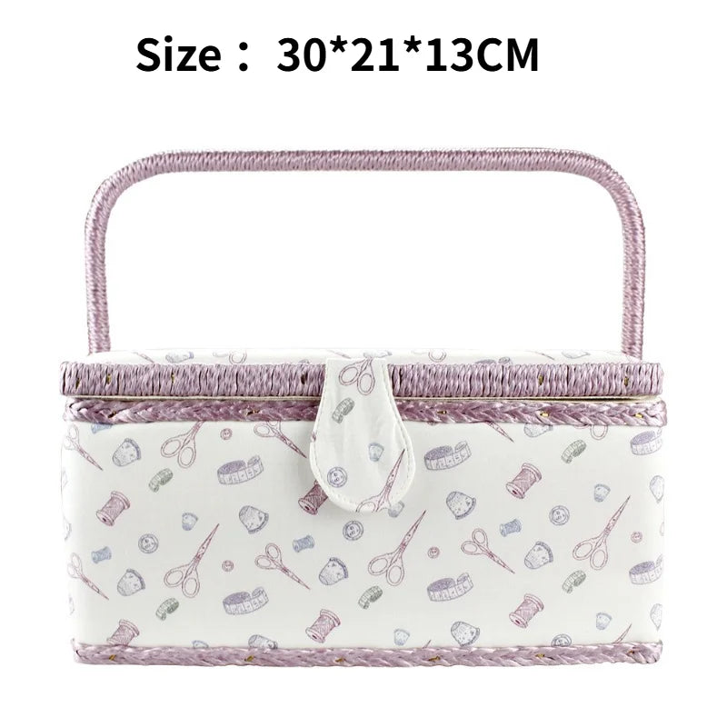 boîte couture rose clair rangement couture tissu imprimé poignée bois sac aiguilles européen doré