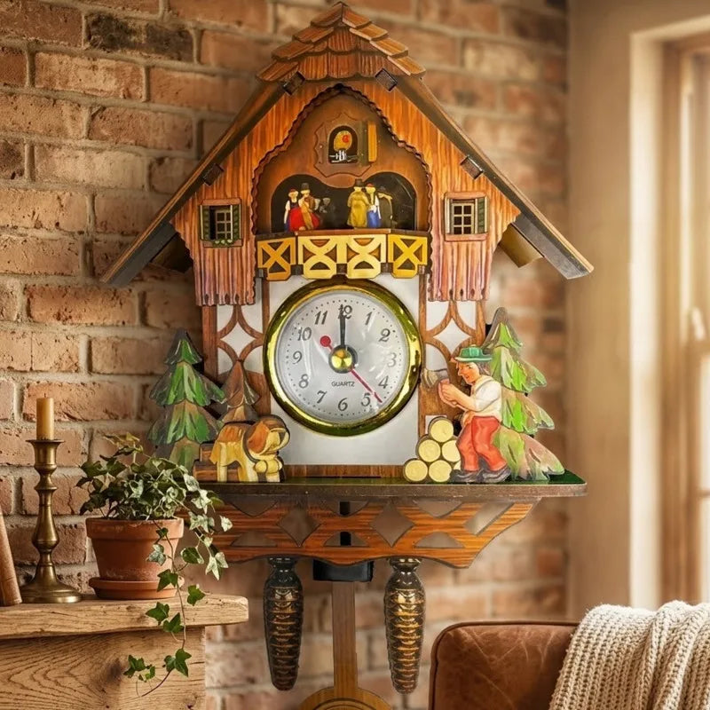 horloge murale pendule chalet animaux motifs traditionnels rustiques bois naturel salon chambre