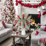 bouquet artificiel feuilles vertes baies rouges poudre blanche naturel décoratif vase blanc serviettes assiettes