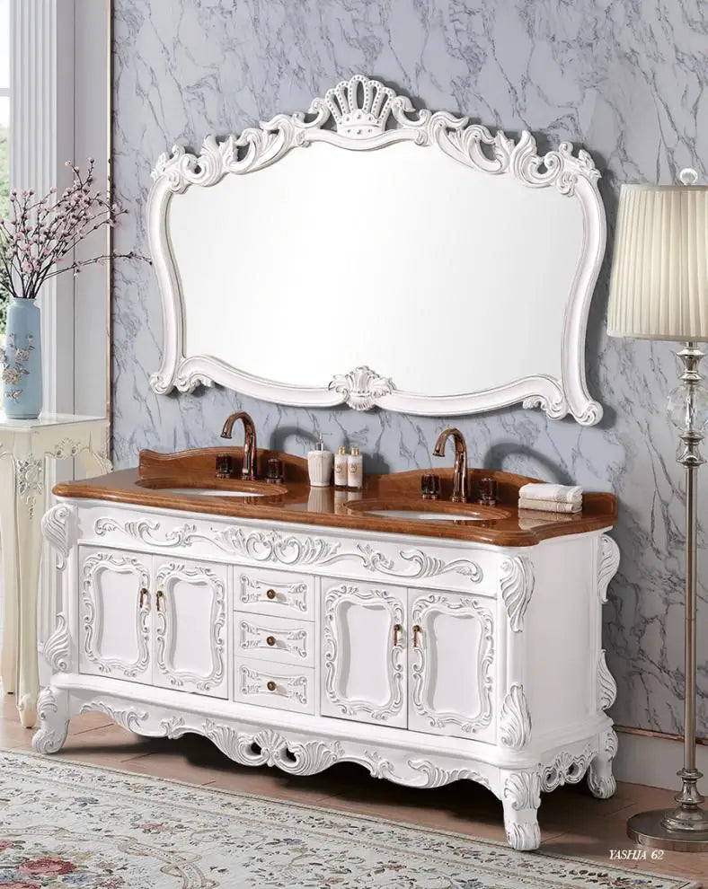 meuble salle bain double vasque blanc bois foncé ornements baroques texture bois classique deux