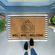 paillasson marron noir bleu motif bienvenue fibre naturelle antidérapant moderne humoristique entrée decoration