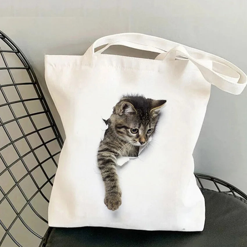 sac bandoulière toile imprimé chats blancs moderne décontracté sans fermeture éclair deux poignées détachables