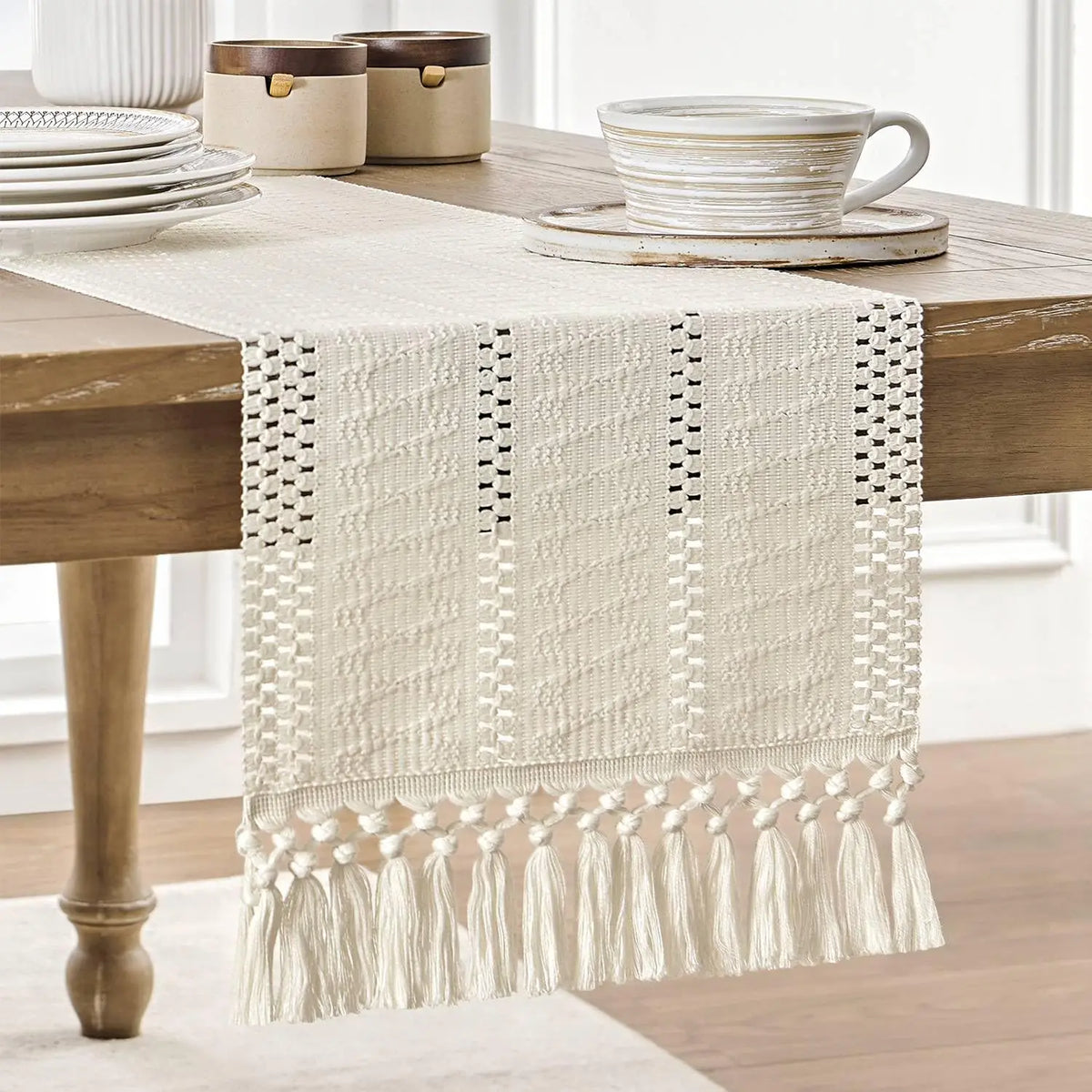 chemin table coton géométrique franges beige rustique décoration intérieure bohème farmhouse