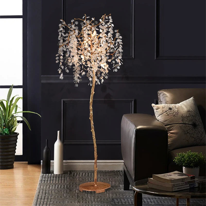 lampe pied moderne or feuilles flocon cristal transparent contemporainDecorationArtistique