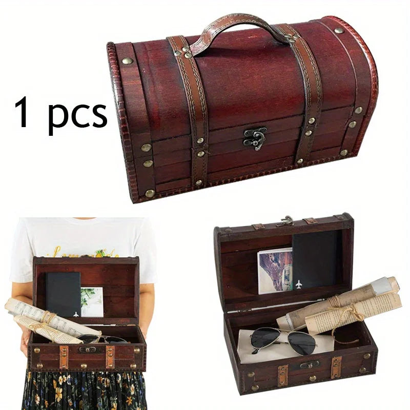 coffre bijoux vintage bois brun foncé poignée cuir rétro lunettes carte rouleau papier