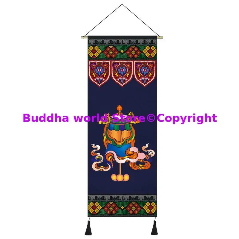 tapisserie bouddhiste ornements religieux symboles géométriques bleu multicolore crochets métalliques