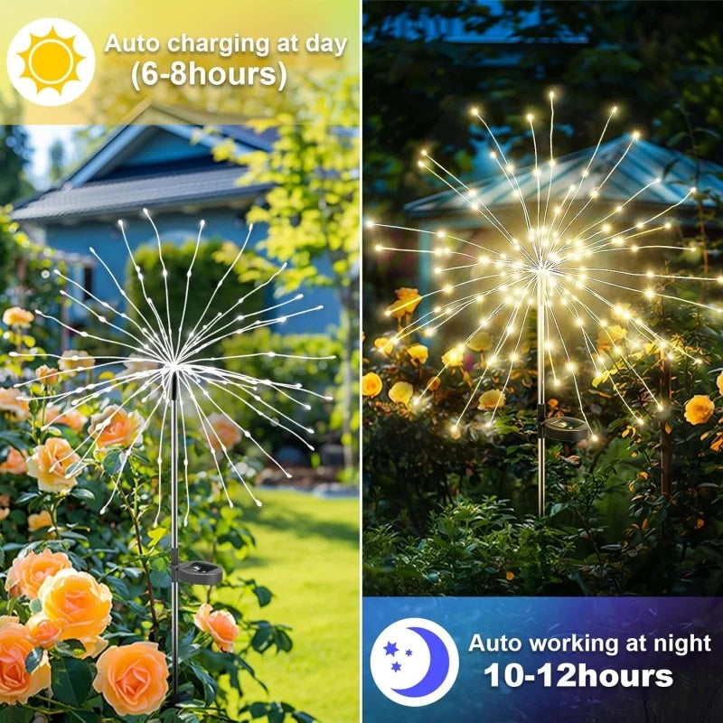 guirlande solaire extérieure feu d'artifice led blanc doré décoration jardin cour terrasse moderne