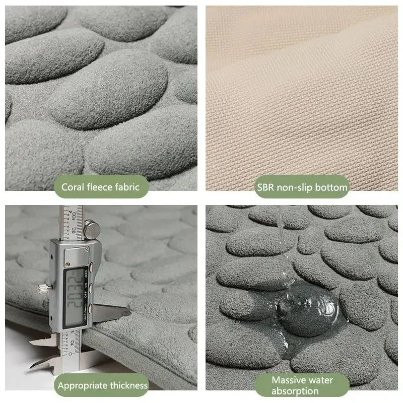 tapis bain moderne beige bleu marine gris motif cailloux adhésif respectueux environnement rapide séchage