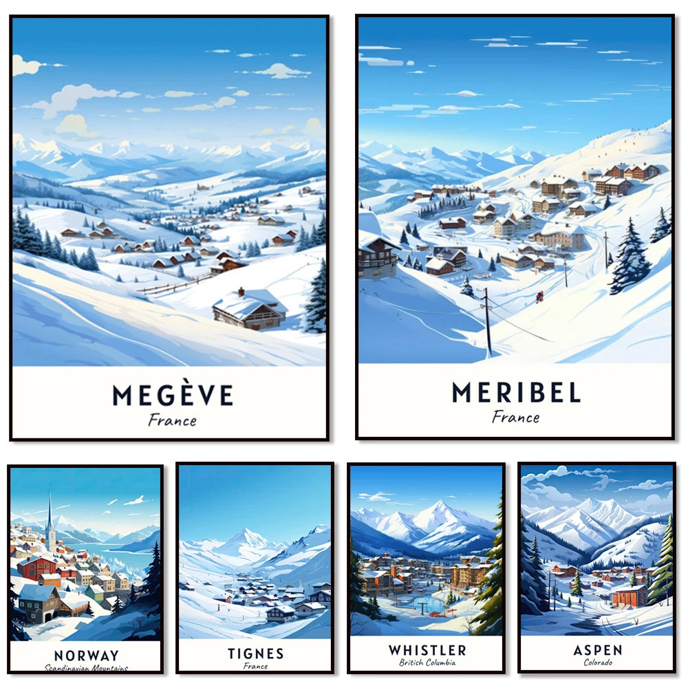 Des scènes d'hiver pittoresques dans des stations de ski réputées, telles que Megève, Meribel, Norvège, Tignes, Whistler et Aspen, mettant en valeur leurs paysages enneigés et leurs villages typiques.