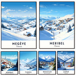 Des scènes d'hiver pittoresques dans des stations de ski réputées, telles que Megève, Meribel, Norvège, Tignes, Whistler et Aspen, mettant en valeur leurs paysages enneigés et leurs villages typiques.