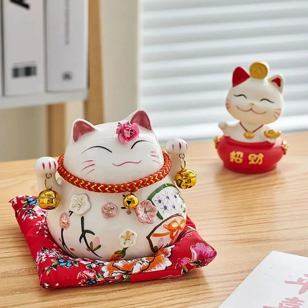 tirelire chat artisanale fleurs symboles traditionnels blanc rouge or rose