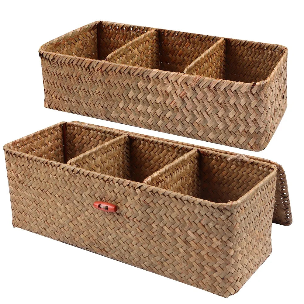 Panier de rangement tissé à la main vert avec couvercle anti-poussière