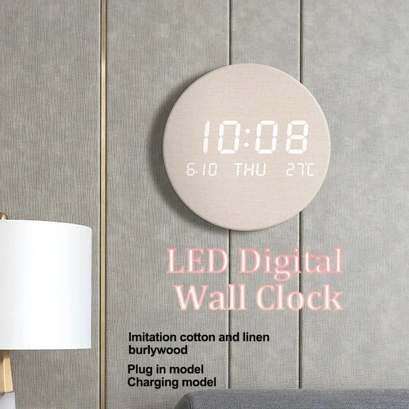 horloge murale numérique bois clair affichage heure date température moderne minimaliste imitation coton lin