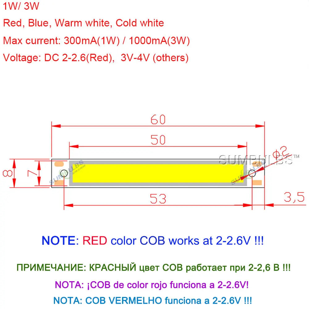 LED COB 60mm blanc chaud froid bleu rouge 120° modernes 50000h