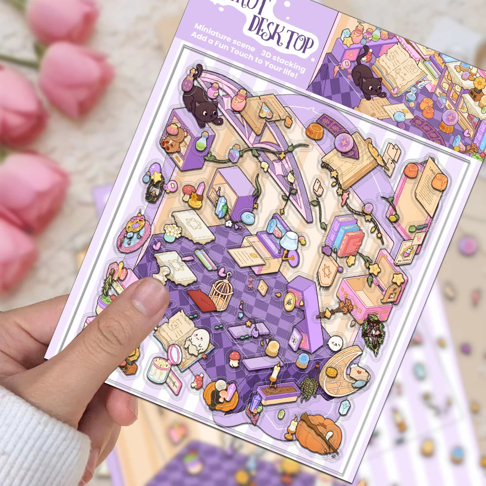 miniatures illustration cartoonesque livres bougies cristaux animaux stickers décorativos violet rose blanc