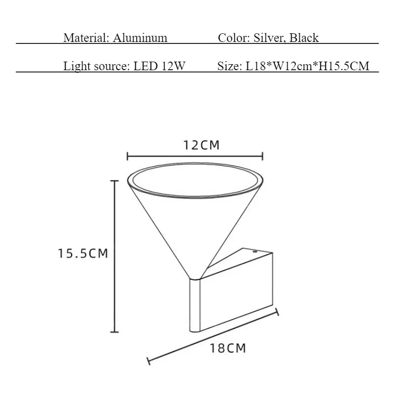 applique murale moderne aluminium argent noir conique lisse éclairage quotidien 3000K LED fixée mur