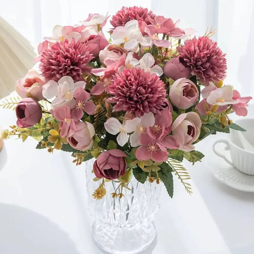 bouquet fleurs artificielles hortensia rose blanc rouge beige intérieur décoration romantique anniversaire mariage baby