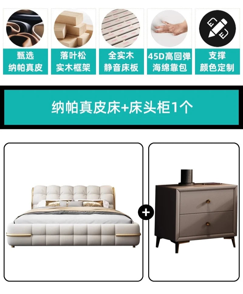 lit moderne minimaliste simili cuir gris clair structure bois vis matelassé chambre coucher