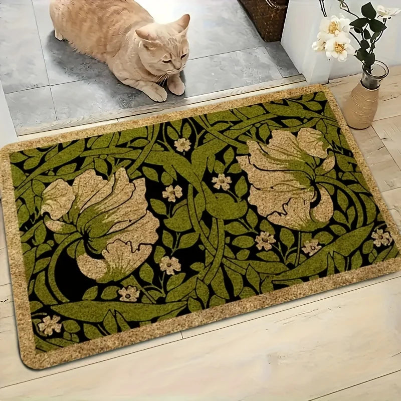 tapis sol art nouveau fleurs blanches vert foncé noir beige antidérapant polyester moderne