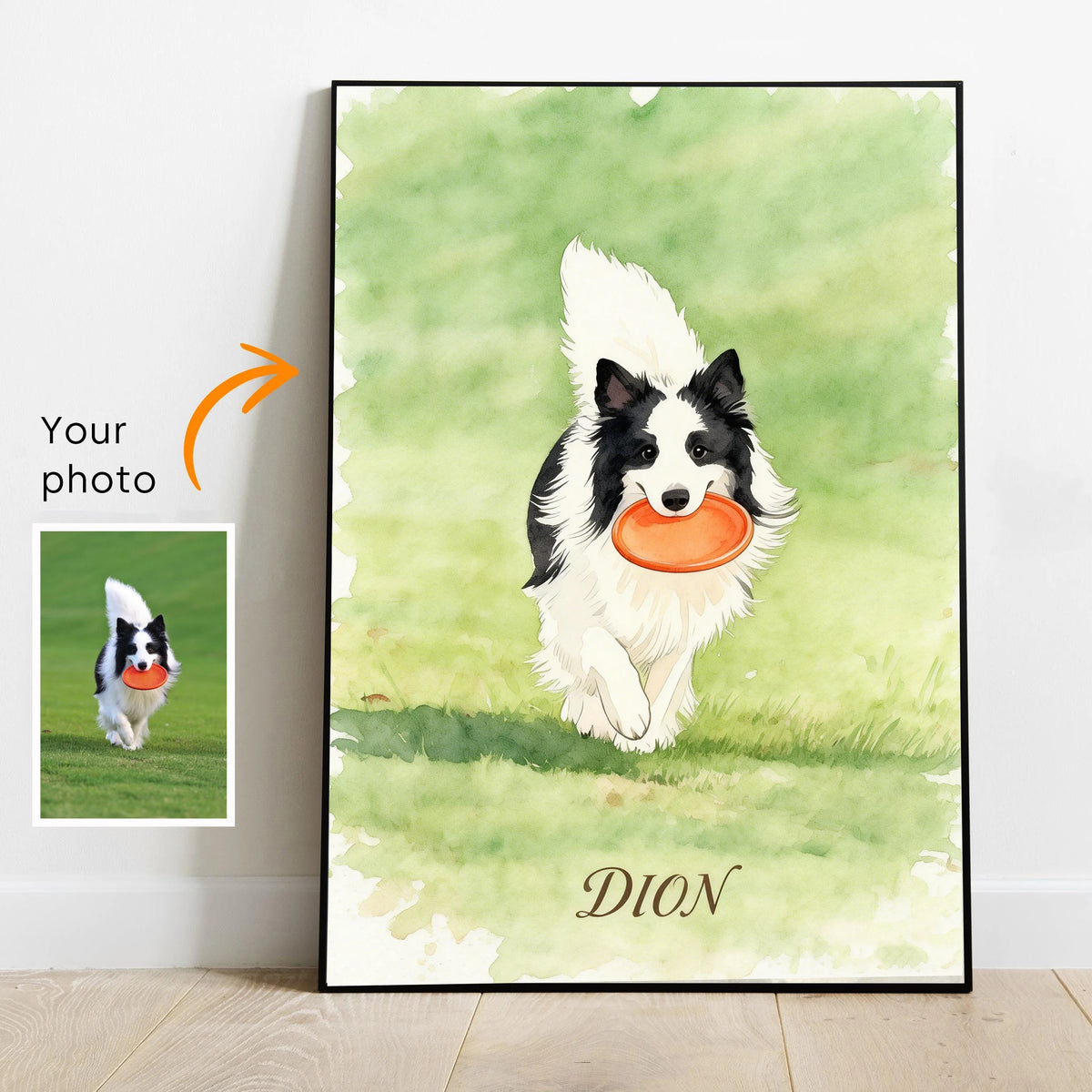 peinture aquarelle chien contemporaine personnalisable cadre noir blanc decoration intérieure cadeau