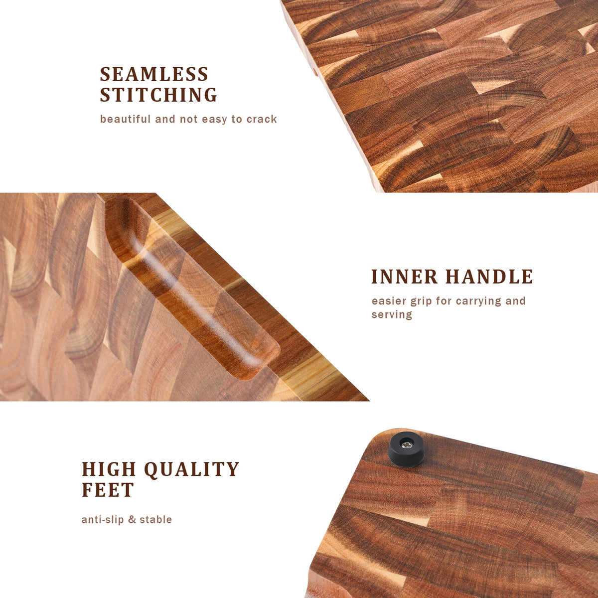 planches découper bois acacia marron motifs géométriques tomates persil oignon rouge moderne cuisine