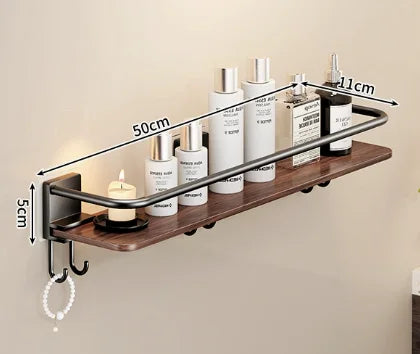 étagère salle bain bois marron foncé moderne fixée mur sans perçage réutilisable multifonctionnelle