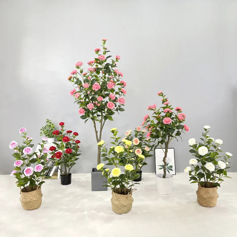 plante artificielle camélia fleurs roses blanches feuilles vertes pot décoration intérieur extérieur grande taille