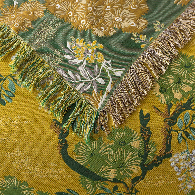 couverture coton motif floral verte jaune vintage franges dorées 48x74cm 150x200cm