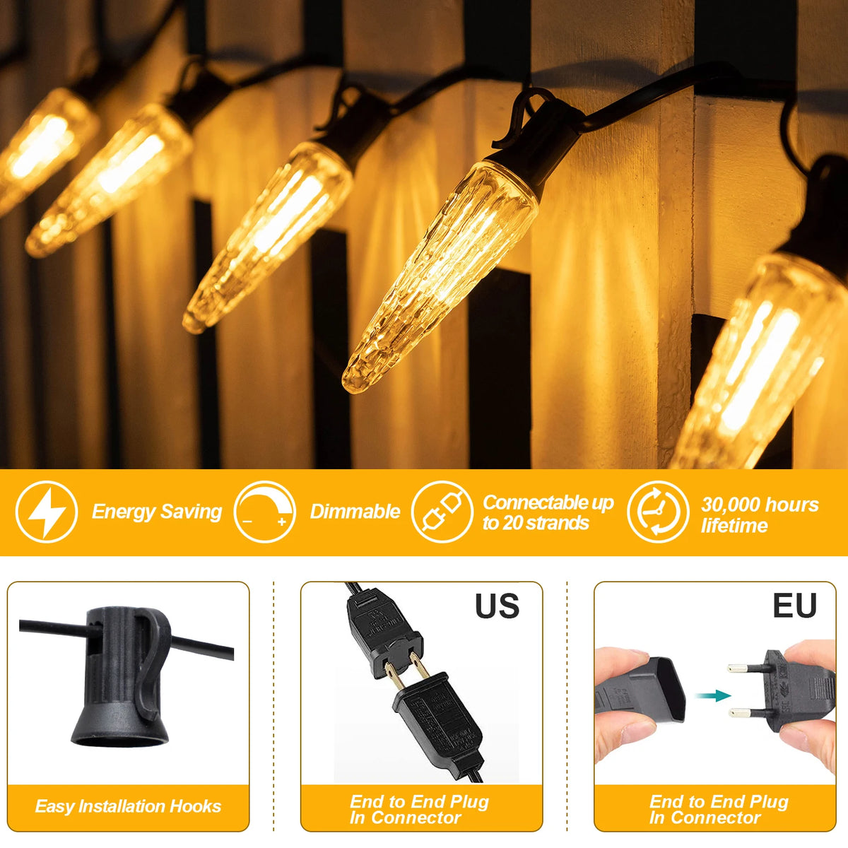 guirlande lumineuse extérieure 110v 220v e12 imperméable décoration jardin mariage led ambré