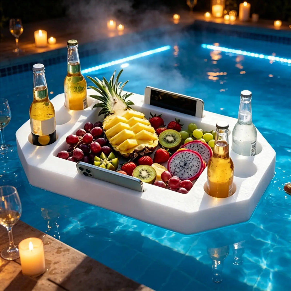 plateau flottant blanc moderne usage piscine plage boissons verres téléphones cocktails