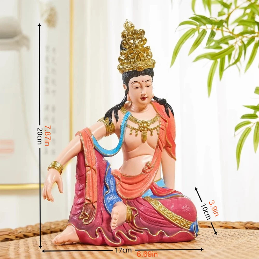 statue bouddha avalokitesvara résine bleu rouge doré bijoux motifs floraux décoration intérieure chinoise classic