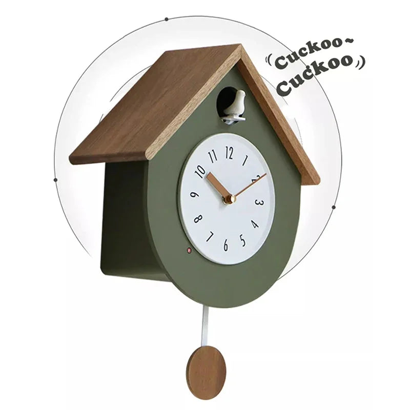 horloge coucou murale moderne vert olive bois clair oiseau blanc pendule
