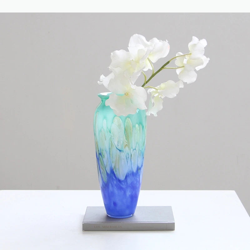vase verre dégradé couleur bleu orange moderne décoration table arrangement fleurs artistique