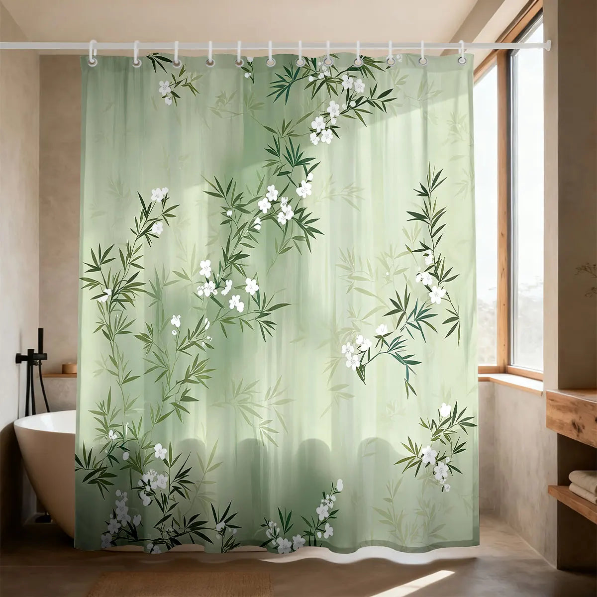 rideau douche moderne vert clair branches bambou fleurs opaques 120x180cm 150x180cm 180x180cm 90x180cm