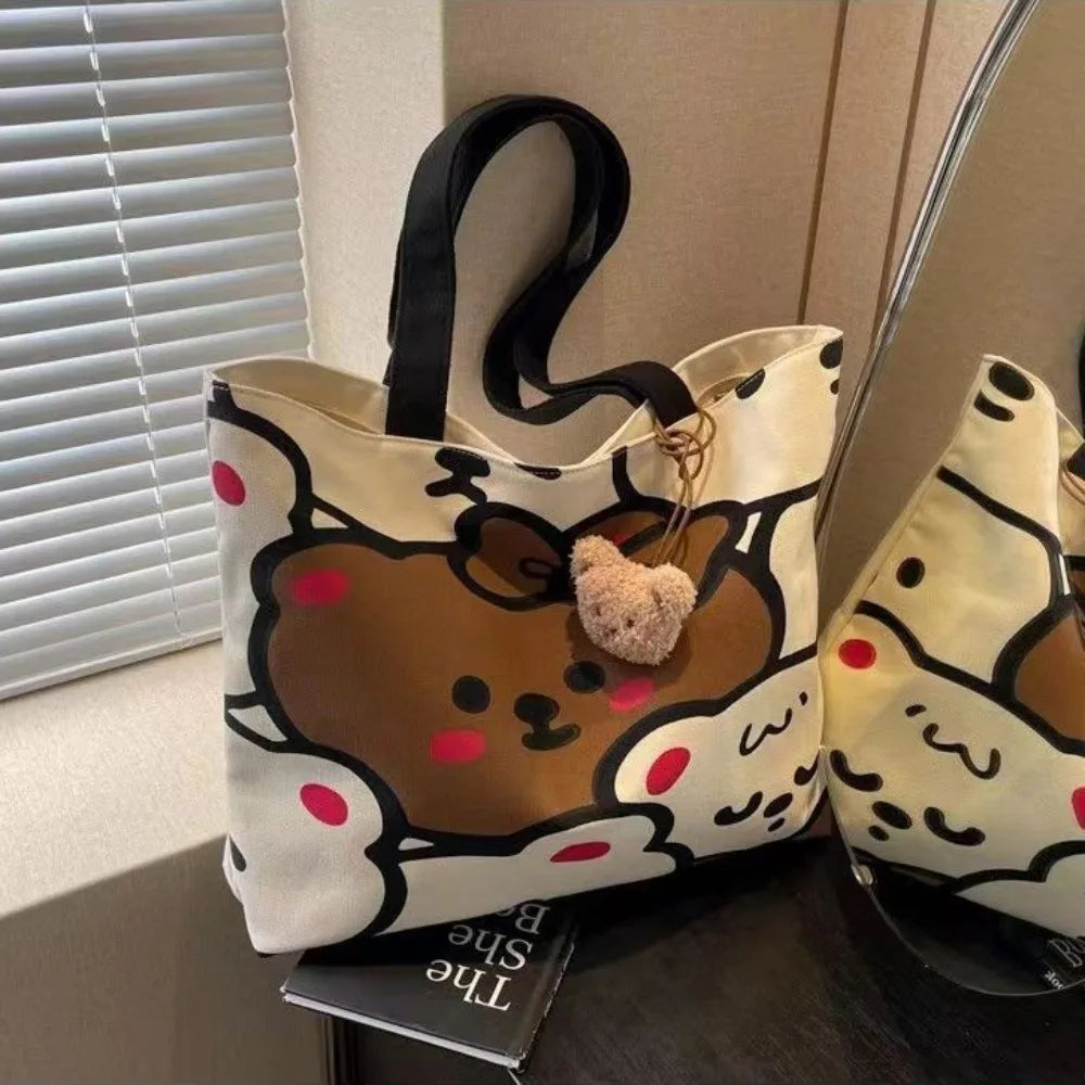 sac main toile ours mignons dessins modernes poignées détachables ours peluche beige
