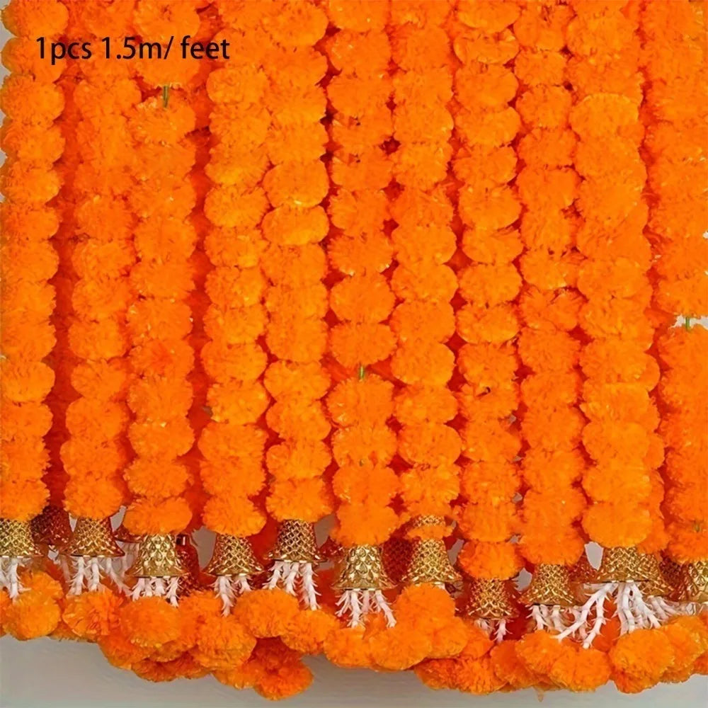guirlande fleurs artificielles marigold d'Inde orange jaune rouge festives décoration pompons clochettes festive indienne