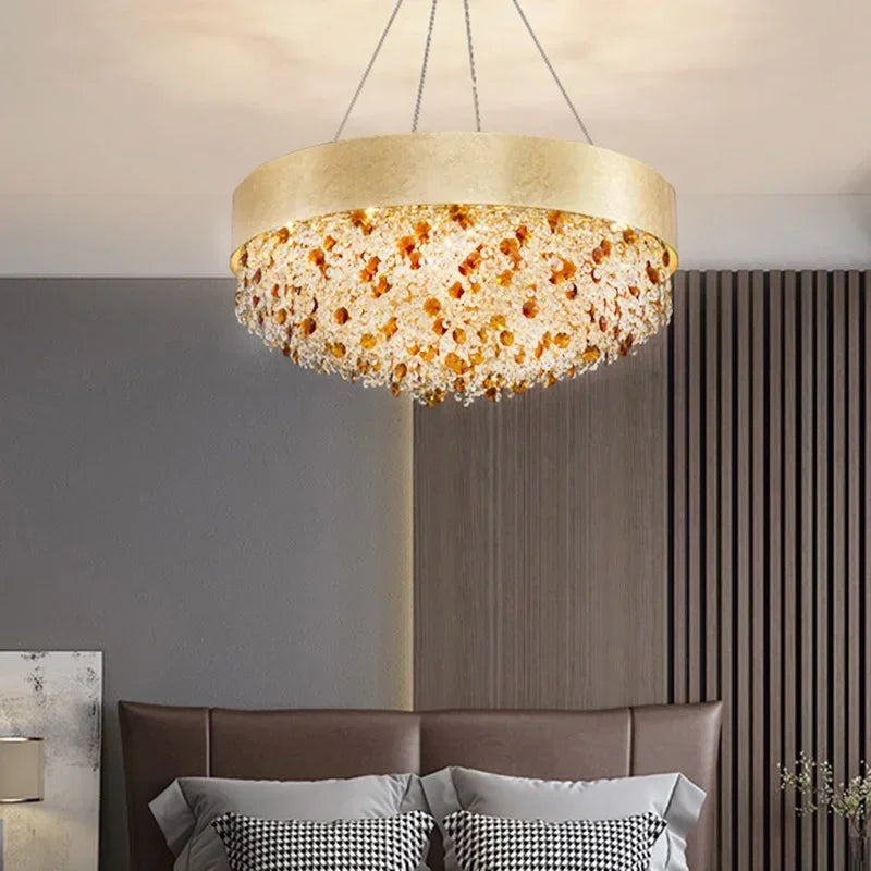 suspension lumineuse moderne doré marron clair translucides brillantes élégante chaînes fixées inclusées
