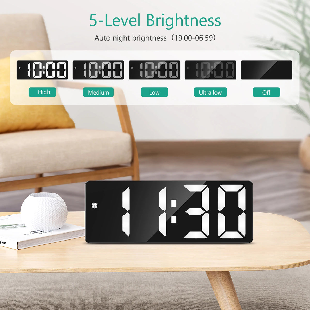 réveil numérique led moderne double alimentation alarme snooze réglage luminosité 12 24h dst mode