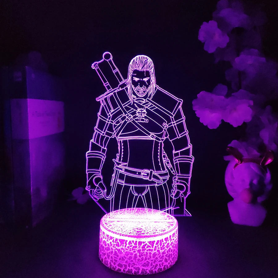 lampe led 3d figure personnage armé violet bleu rouge vert base télécommande