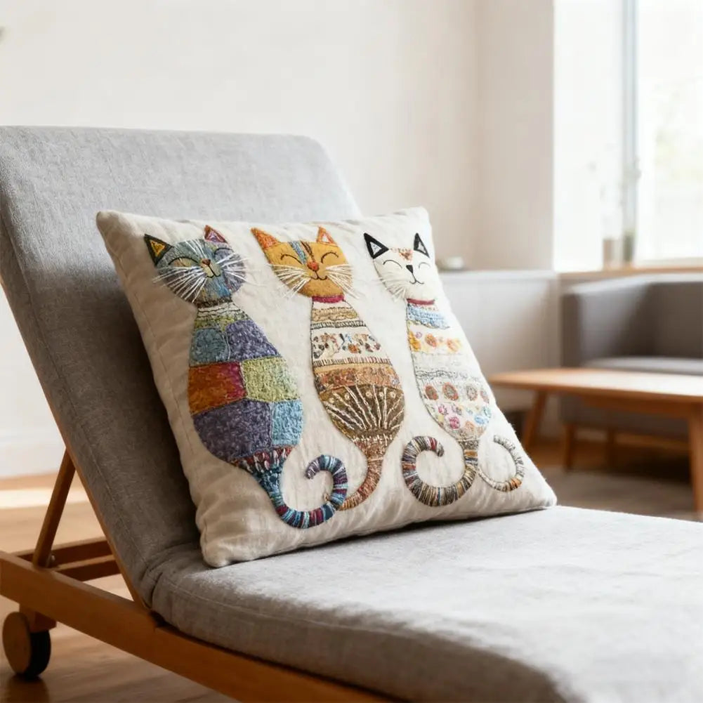 housse coussin bohème trois chats stylisés fond beige texturé coton polyester multicolore deco maison