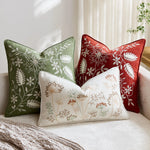 housse coussin carré brodé tissu chenille motif floral vert rouge décor maison lit sofa