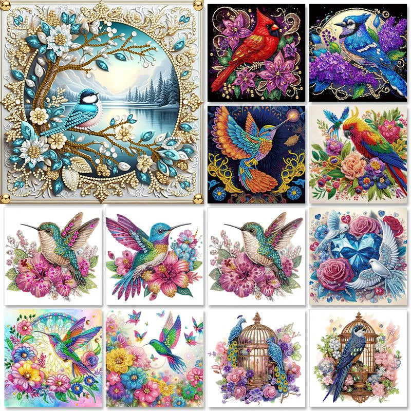 tableau diamants oiseaux fleurs multicolore moderne décoration murale adhésif création artisanale 30x30cm