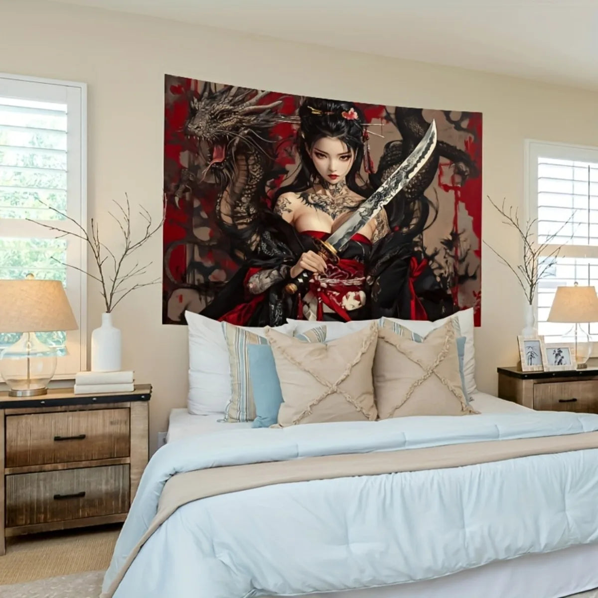 toile d'art manga femme tatouée épée dragons motifs floraux moderne polyester chambre salon decoration