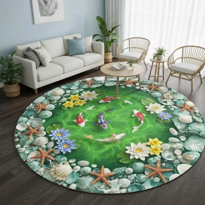 tapis rond moderne poissons carpes lotus géométrique adhésif salon chambre bleu vert