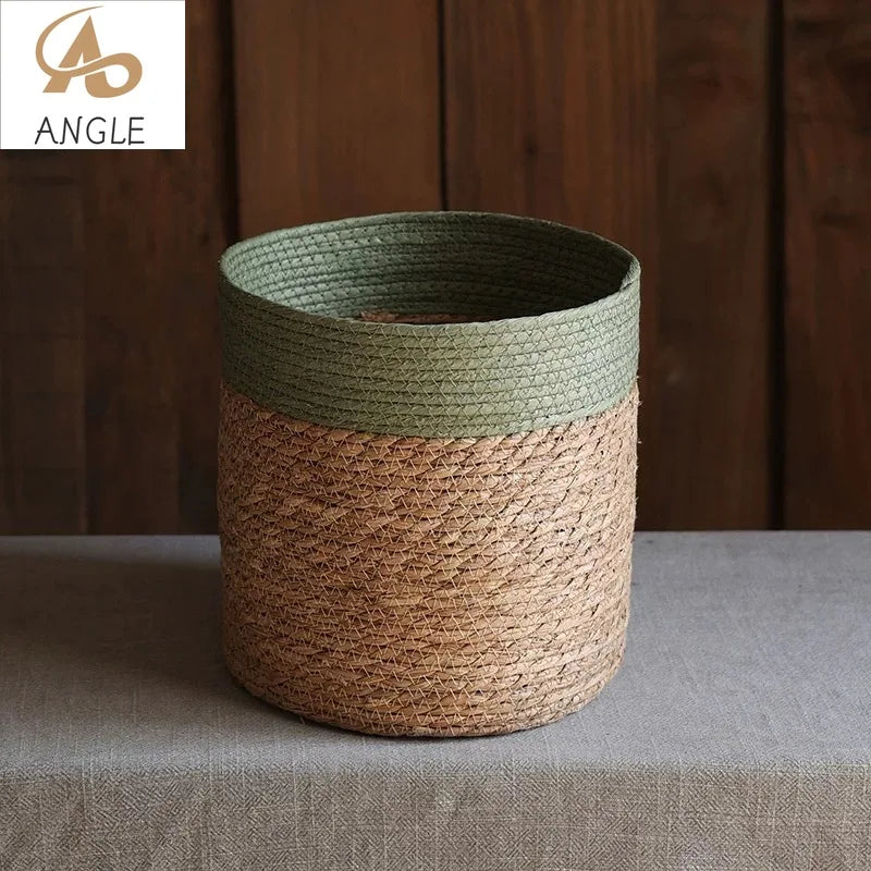 panier tressé fibre végétale réutilisable respectueux environnement pliable rangement vert beige rustic