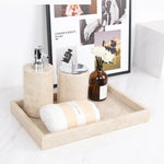 ensemble salle bain moderne marbre beige flacon savon désinfectant boîte cotons tiges rangement accessoires